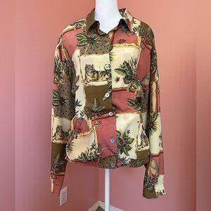 Vintage coastal Grandma Grannycore 100% silk cheetah tropical blouson jacket 16